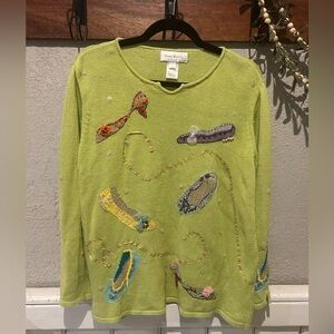 Susan Bristol Green Sweater with Colorful Embellishments